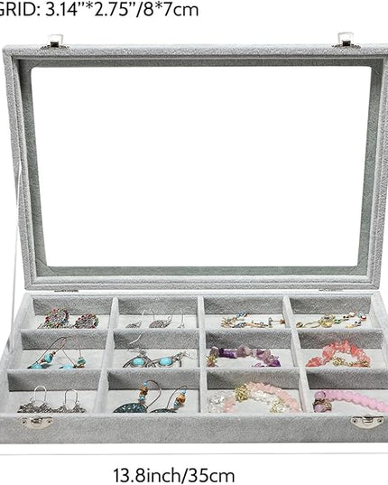 Stratalife Jewelry Holder Organizer Jewelry Organizer Box Bracelet Storage Velvet Jewelry Tray with Clear Lid Jewelry Drawer Organizer Jewelry Display Tray 12 Grid Grey