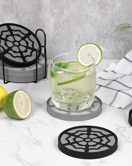 Koluti 6 Pieces Diatomaceous Earth Coasters with Holder, Desk Absorbent Coasters for Drink, with Soft Silicone Cover, 4.0”x 0.5”Water Instant Drying Round Stone Tray for Coffee Table