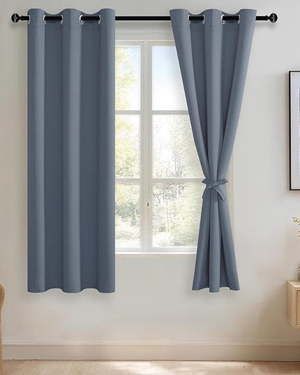 JIUZHEN Blackout Curtains with Tiebacks - Thermal Insulated, Light Blocking and Noise Reducing Grommet Curtain Drapes for Bedroom and Living Room, Set of 2 Panels, 42 x 63 Inch Length, Dusty Blue