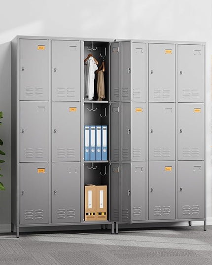 Aobabo New 9 Doors Metal Storage Locker for Employees, Lockable Steel Locker with Name Card Slot and 27 Hooks for School Office Gym Garage, Dark Grey, Assembly Required