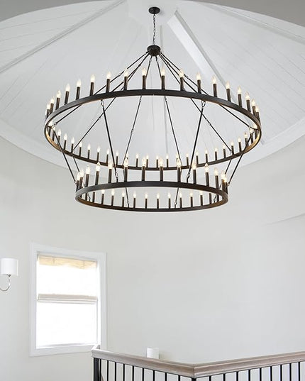 80-Inch Black 2 Tier Wagon Wheel Chandelier, 80-Light Double Tier Extra Large Foyer Lighting, Candle Industrial Round Iron Chandelier for High Ceilings, Dining Room, Entryway, E12