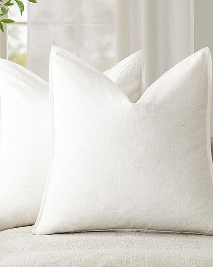 Foindtower Pack of 2, Decorative Linen Soild Throw Pillow Covers Soft Accent Cushion Case Boho Farmhouse Neutral Pillowcase for Chair Couch Sofa Bedroom Living Room Home Decor 20 x 20 Inch Cream White