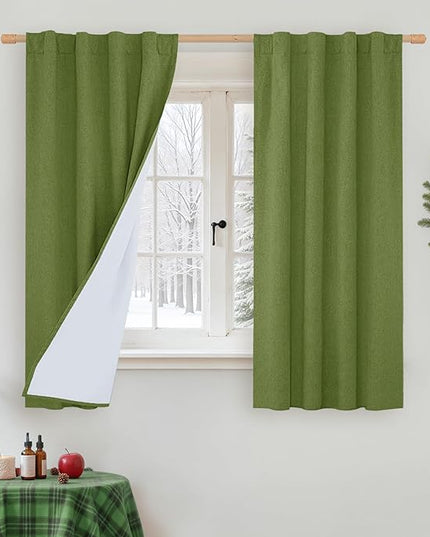 LAMIT 100% Blackout Linen Curtains for Bedroom, 45 Inches Linen Textured Thermal Window Drapes Back Tab and Rod Pocket Christmas Panels with White Liner, 2 Panels, 38 x 45 Inch, Olive Green