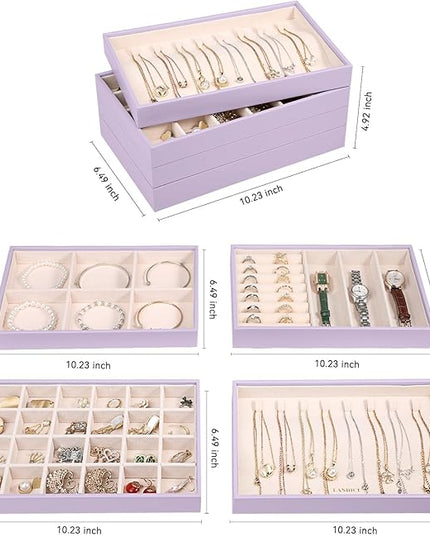 LANDICI Stackable Jewelry Organizer Trays 4 Set,PU Leather Jewelry Organizer Drawer,Jewelry Storage Display Tray for Earring Necklace Rings Bracelet with Removable Dividers,Lavender