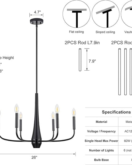 6-Light Black Industrial Chandelier, Modern Farmhouse Candle Light Fixture, Contemporary Hanging Light for Dining Room, Kitchen Island, Living Room, Bedroom, Foyer, Entryway