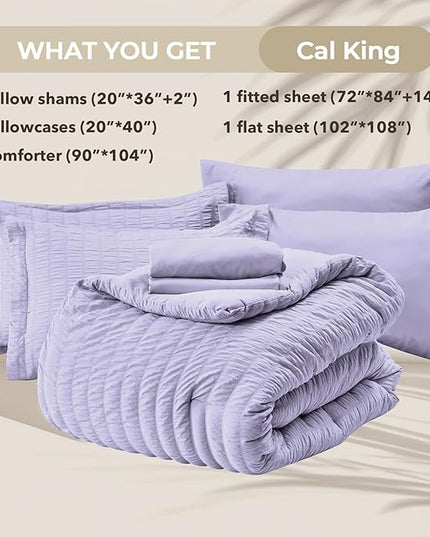 HYMOKEGE Light Purple California King Comforter Set Seersucker 7 Pieces, All Season Luxury Bed in a Bag for Bedroom, Bedding Set with Comforter, Sheets, Pillowcases & Shams
