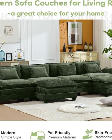 154" Modular Sectional Sofa, Comfy Cloud Couch Sectional Sofa with Ottoman, Chenille Sofa Sleeper Deep Seat Sofa with Throw Pillows for Living Room (Green, 154"- U Shape)