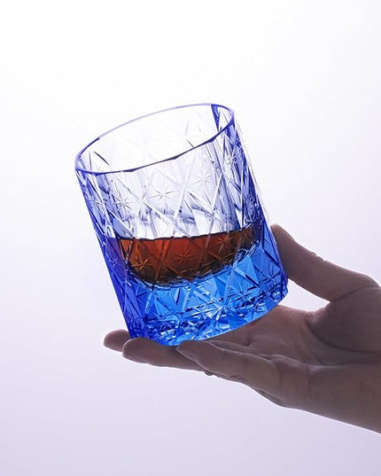 KAMMAK Crystal Whiskey Glass Set of 2, 7.78 oz (230 ml) Handmade Old Fashioned Tumbler, Thick Base Colored Glass with Delicate Rim & Seamless Design for Scotch, Bourbon, Cocktails, Blue 12-Facet