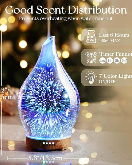 Porseme Oil Diffuser 3D Glass Aromatherapy Ultrasonic Humidifier, Air Refresh Auto Shut-Off, Timer Setting, BPA Free for Home Hotel Yoga Leisure SPA Gift 150ml Last 6H