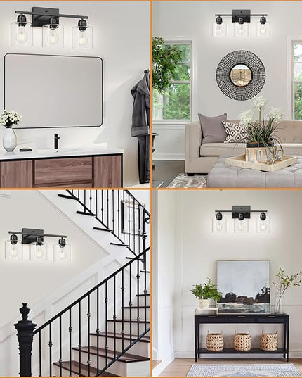 Modern 3 Light Bathroom Light Fixtures, 19 inch Black Vanity Lights For Bathroom With Clear Glass, Bathroom Lighting Fixtures Over Mirror For Mirror Kitchen Living Room Hallway Cabinet Porch