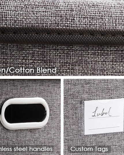 PRANDOM Large Collapsible Storage Bins with Lids [3-Pack] Linen/Cotton Blend Foldable Storage Boxes Organizer Containers Baskets Cube with Cover for Home Bedroom Closet Office Nursery(17.7x11.8x11.8)