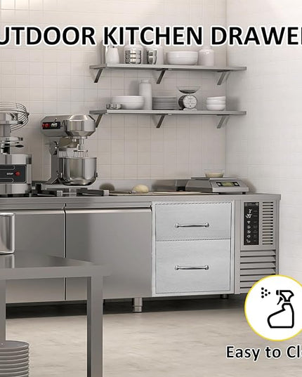 Outdoor Kitchen Drawers 14" W x 21" H x 21" D Flush Mount Double BBQ Drawers with Chrome Handle Stainless Steel Drawer for Outdoor Kitchen Island, Patio Grill Station