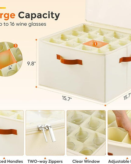 Wine Glass Storage Box with Dividers, 2 Pack Glassware Storage Containers, Stemware Storage Cases Holds 32 Wine Glasses, Stackable Crystal Storage Containers with Clear Cover for Moving，Beige