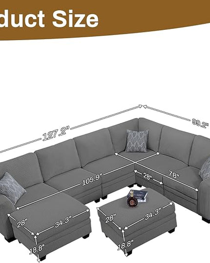 Legend Vansen Oversized Modular Sectional Sofa,8 Seat U Shaped Couch with Ottoman,Corduroy Sofa with Deep Seat,Convertible Large Sectional Couches for Living Room (Grey, U-8)
