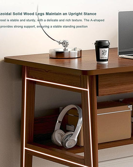 63” Extra Long Home Office Desk with Bookshelf, 2-Person Computer Workstation with Storage Shelf, Solid Wood Work & Study Table for Home Office, Walnut Finish