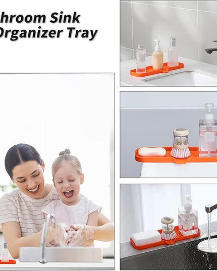 Silicone Bathroom Soap Dishes with Drain Spout-Bathroom and Kitchen Sink Organizer,Sponge Holder,Dish Soap Tray,Perfect for Dispenser,Scrubber,Bottle,Cup on Sink or Counter-Orange 12"×4"