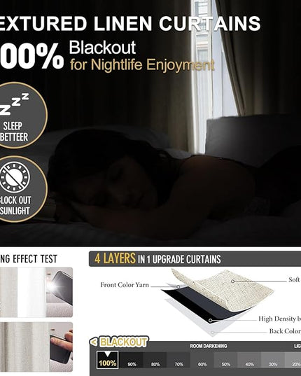 IVAPUPU Natural Pinch Pleated Full Blackout Curtains Linen Blend Room Darkening Window Curtains 84 inch 1 Panel for Living Room Bedroom Thermal Insulated Curtain Drapes with 12 Pcs Hooks 70''Wx84''L