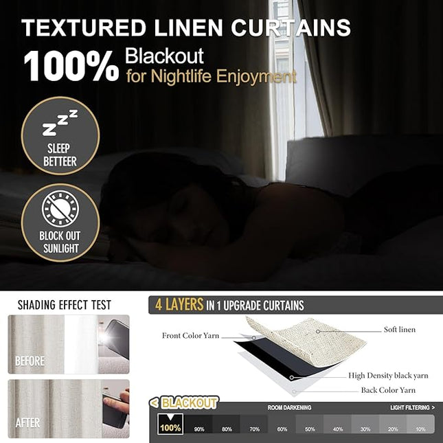 Pinch Pleated 100% Blackout Linen Curtains 95 Inches Long for Bedroom Natural Black Out Pleat Curtains for Living Dining Room Darkening Thermal Insulated Window Curtain Drapes with Pin Hooks, 2 Panels