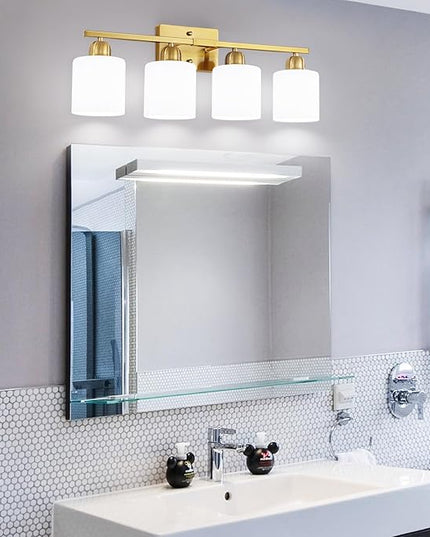 4 Light Gold Light Fixture Bathroom, Brushed Gold Vanity Light with Milky White Frosted Glass Shades, Lights for Bathroom Mirror for Living Room Bedroom Hallway E26 Base