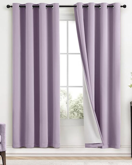 Yakamok Lilac 100% Blackout Curtains 72 Inches Long with 2 Thick Layers-Light Purple Room Darkening Thermal Insulated Window Curtain Set of 2 Panels for Bedroom Living Room 52x72 Inches,Lavender