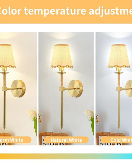 Boho Battery Operated Wall Sconce Set of 2, Gold Wireless Rechargeable Wall Lights with Rattan Shade, 12 RGB and 3CCT Dimmable Cordless Wall Lamps with Remote for Bedroom Living Room