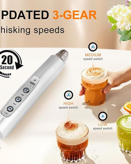 YUSWKO Rechargeable Milk Frother Handheld with 3 Heads, Silver Coffee Electric Whisk Drink Foam Mixer, Mini Hand Stirrer with 3 Speeds Adjustable for Latte, Cappuccino, Hot Chocolate, Egg