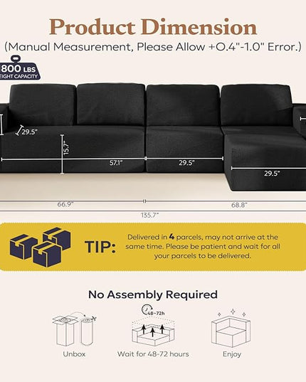 136" Modular Sectional Couch Left/Right Facing Convertible, L-Shape Modern Teddy Sofa, Deep Seat Upholstered Foam Couch for Living Room Bedroom, No Assembly Required (Black, Teddy Boucle)