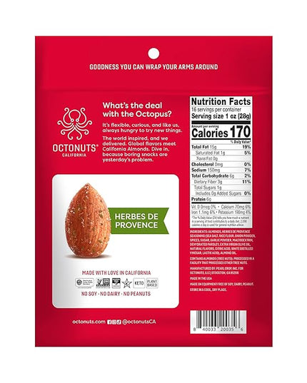 Octonuts Dry Roasted Herbes de Provence Almonds – 16oz Resealable Bag - Healthy Snack for Adults and Kids - Plant Protein with Fiber, Calcium & Iron - Low Carb, Low Calorie - Non-GMO, Gluten Free Snacks