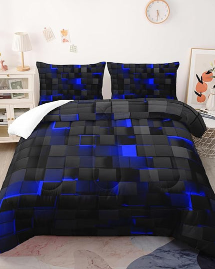 Geometric Blue Black Comforter Set,Light Honeycomb 3 Piece Bedding Set King Size for Teen Boys,Modern Quilt Set Geometry Decor,Microfiber Lightweight 1 Comforter 2 Pillowcases All Season