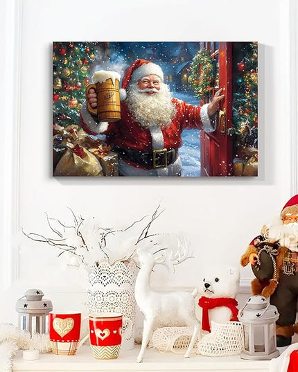 YONICA Christmas Wall Decor Santa Canvas Wall Art Home Decorations 32x24 Inches - Santa Pictures Santa Claus Drinks Beer to Celebrate Christmas Pine Tree Prints Winter Painting Xmas Artworks