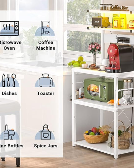 Aheaplus Bakers Rack with Power Outlet, Microwave Stand, 5 Tiers Coffee Bar Station with Led Lights, Kitchen Storage Shelf with 6 S-Shaped Hooks, Kitchen Rack for Spices, Pots and Pans, White