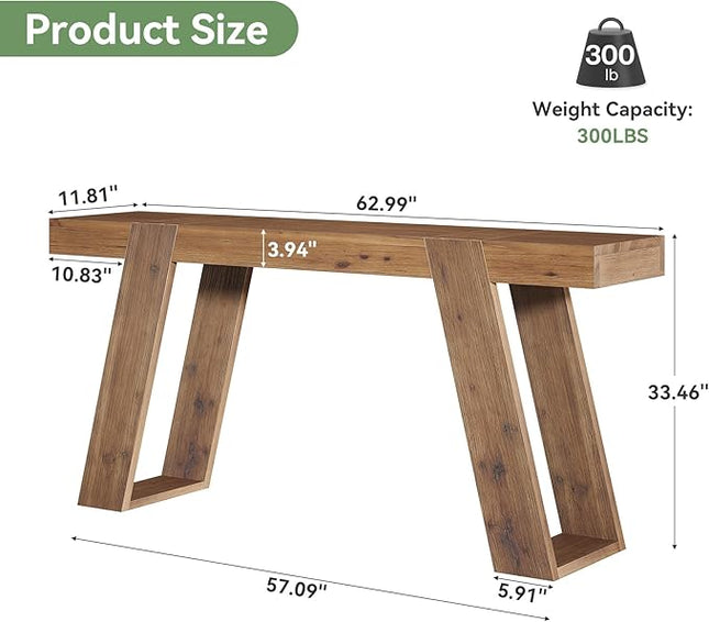 Solid Wood Console Table, 63" Narrow Sofa Table Behind Couch, Rustic Skinny Entryway Table for Hallway, Entrance, Foyer, Living Room, Brown