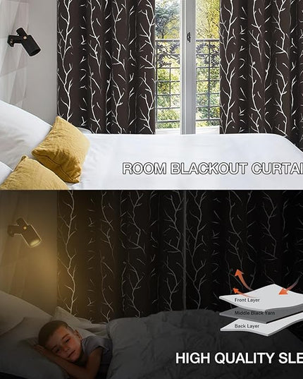 BUHUA Blackout Curtains Tree Branches Design Window Curtains 84 Inches Long 2 Panels Grommet Thermal Insulated Darkening Curtains for Bedroom 52W x 84L Brown