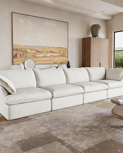 JACH 162" Cloud Sectional Couches for Living Room, Modular Sectional Sofa, Down Fill Couch Sectional, Cushion Covers Removable, Deep Seat Sofas for Living Room (4 Seats, White)