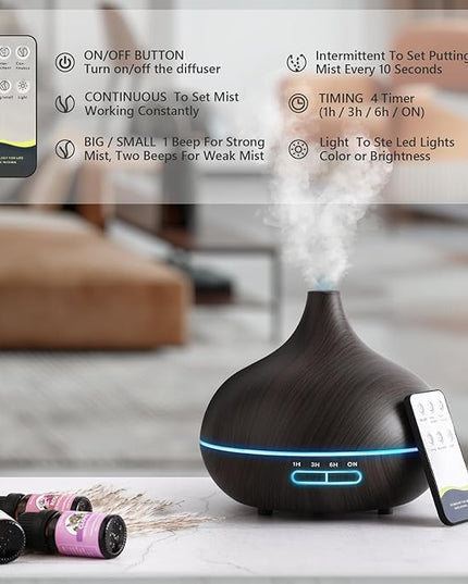 SACATR 550ml Oil Diffuser with 15x10mL Essential Oils, Ultrasonic Technology, Remote Control for Home Office