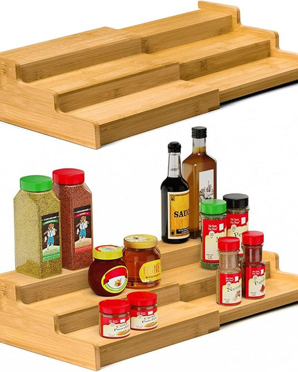 Spice Rack, 3-Tier Expandable Bamboo Spice Rack Organizer for Cabinet, Kitchen, Pantry and Cupboard Storage Organizer(2pack)