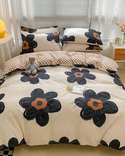 CLOTHKNOW Black Sunflower King Size Comforter Set 3Pcs Floral Bedding Comforter Sets Pumpkin Grid Comforter Boho Comforter with 2 x Pillowcases
