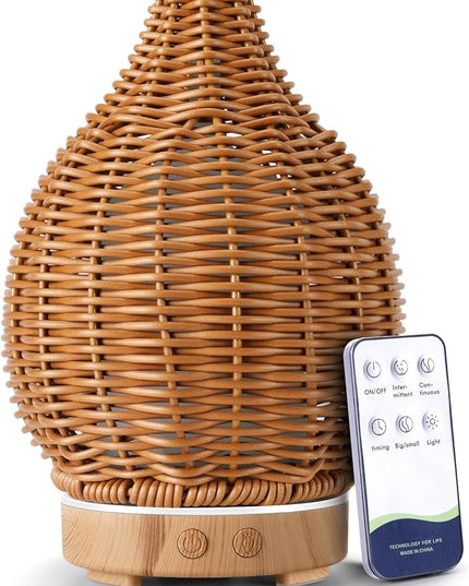 Boho Essential Oil Diffuser for Home Rattan Weaving with Remote Control, 100mL 7 Changing Color Lights Ultrasonic Aroma Humidifier, Noiseless Auto-Off Sleep Mode for Bedroom Office Workout