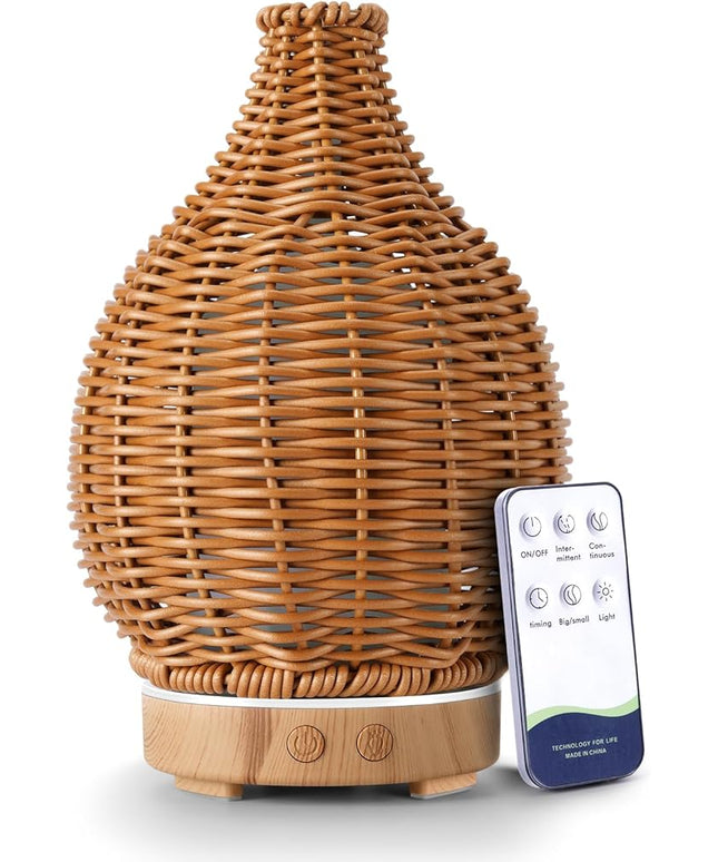 Boho Essential Oil Diffuser for Home Rattan Weaving with Remote Control, 100mL 7 Changing Color Lights Ultrasonic Aroma Humidifier, Noiseless Auto-Off Sleep Mode for Bedroom Office Workout