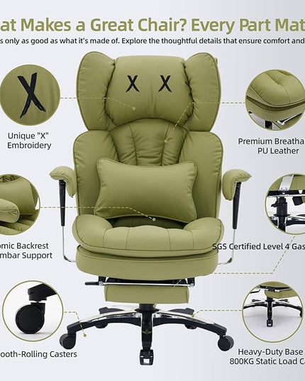 Efomao Big and Tall Office Chair with Footrest – High Back Computer Chair with Adjustable Armrests，Executive Office Chair with Wide Seat, Modern Desk Chair for Home Office, Gaming, or Study, Green