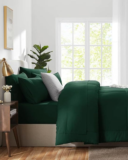 CozyLux King Size Comforter Set Emerald Green, 7 Pieces Bed in a Bag, Green Comforter King Size, All Season Bedding Sets with Stitch Quilted Comforter, Flat Sheet, Fitted Sheet, Pillowcases