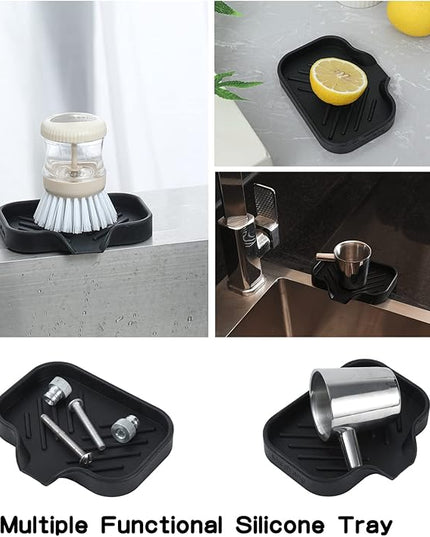 Silicone Bathroom Soap Dishes with Drain Spout-Bathroom and Kitchen Sink Organizer,Sponge Holder,Dish Soap Tray,Perfect for Dispenser,Scrubber,Bottle,Cup on Sink or Counter-Black 4.9"×3.2"