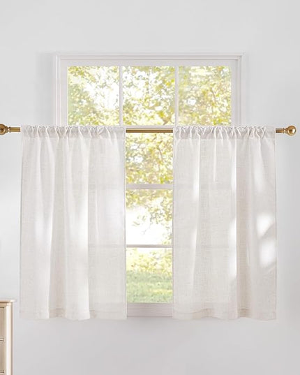 NICETOWN Natural Thick Linen Blend (230GSM) Cafe Curtains, Back Tab & Rod Pocket with Pleat Tab Upmarket Window Treatments Light Filtering Drapes for Bathroom, W29 x L40, 2 Panels