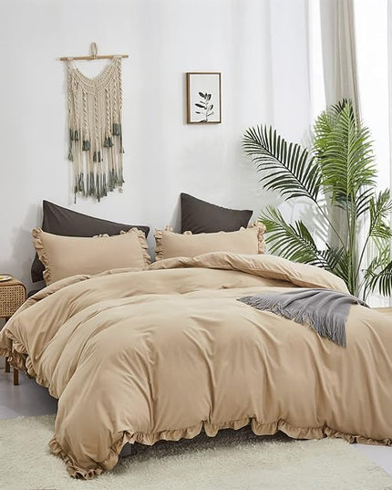 CLOTHKNOW Taupe Ruffles Comforter Set California King 3Pcs Farmhosue Bedding Comforter Sets Soft Khaki Boho Comforter with 2 x Pillow Cases
