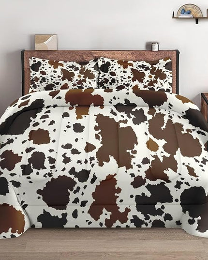 Twin Size Comforter Set with Pillowcase, Vintage Cow Brown Cowhide Animal Soft 2 Pcs Bedding for Kids and Adults Bedroom Bed Decor