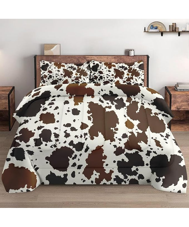 Twin Size Comforter Set with Pillowcase, Vintage Cow Brown Cowhide Animal Soft 2 Pcs Bedding for Kids and Adults Bedroom Bed Decor