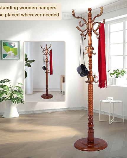 Coat Rack Freestanding with 18 Hooks, Wooden Standing Coat Racks for Entryway, Solid Wood Clothes Hanger Rack with Sturdy Round Base for Entryway, Hall, Bedroom, Office, Hallway (Caramel color)