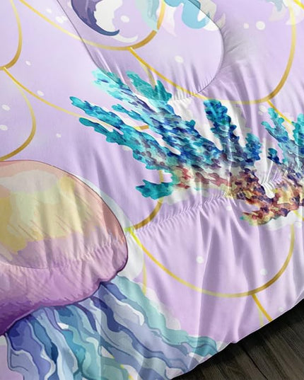 Cute Ocean Comforter Set Kids Bedding King Size,Color Jellyfish Conch Sea Star Print Comforter for Teens Boys Girls Room Decor,Kawaii Beach Bedding Set with 2 Pillowcases.