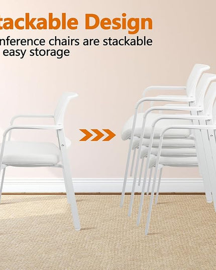 CLATINA Stacking Office Chairs | Mesh Back, Thicken Leather Seat and Arms, Ergonomic Lumbar Support | Guest Reception, Waiting, Conference, School, Party, Customer, Side, Stationary | Set of 2, White