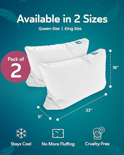 Sleepgram 2-Pack Cooling Bed Pillows & Removable Cover for Sleeping Sets, King Size - Adjustable and Washable Bedding Pillow Set for Comfortable Sleep